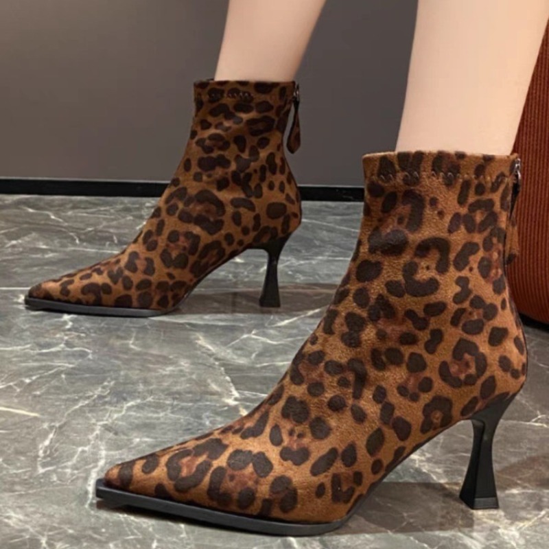 Leopard Print Heels - Botas Femininas de Cano Curto Primavera